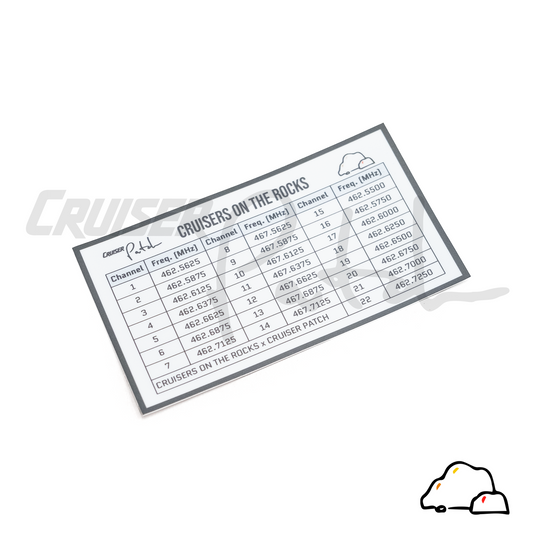 Cruisers on the Rocks GMRS & FRS radio channel frequency cheat sheet sticker